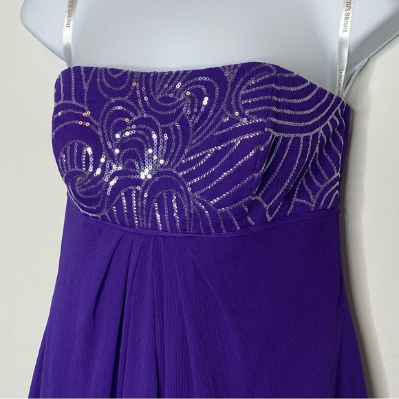 David's Bridal Purple and Silver SequinStrapless Split Front Chiffon Skirt Dress - Picture 2 of 12